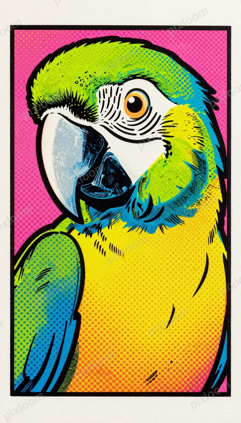 Pop art style parrot, bold neon colors, thick outlines, comi