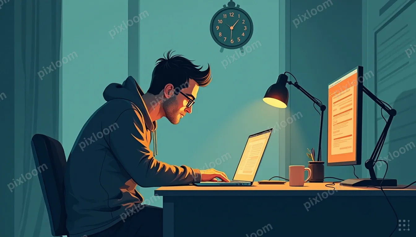 A middle aged person in a hoddie hunched over a laptop late 