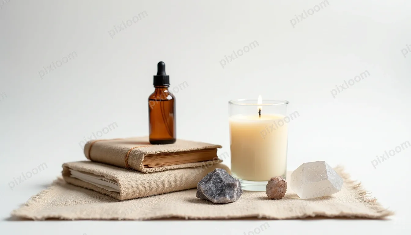 Product shot of wellness essentials — journal, essential oil