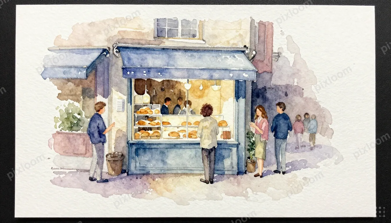 Wide watercolor street scene with a bakery storefront at its