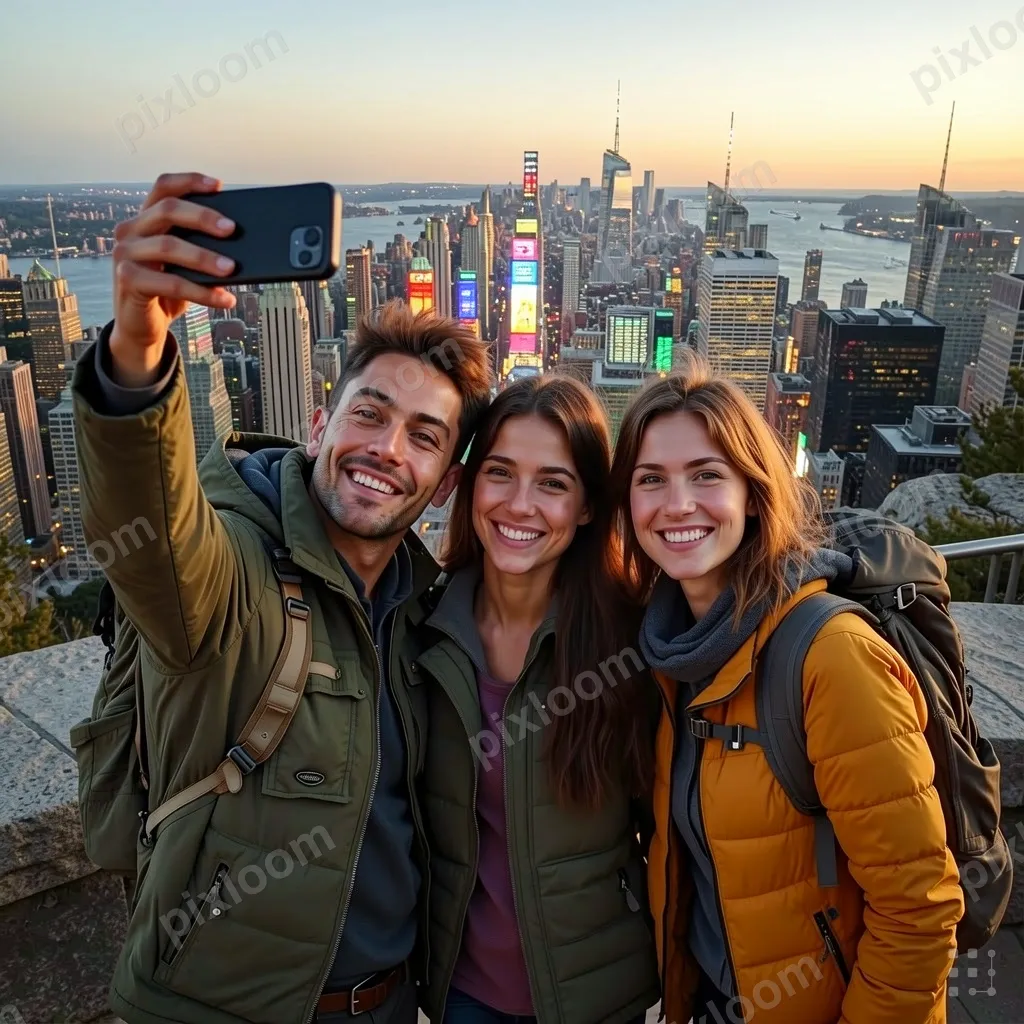Friends taking a selfie at a scenic overlook new york time s