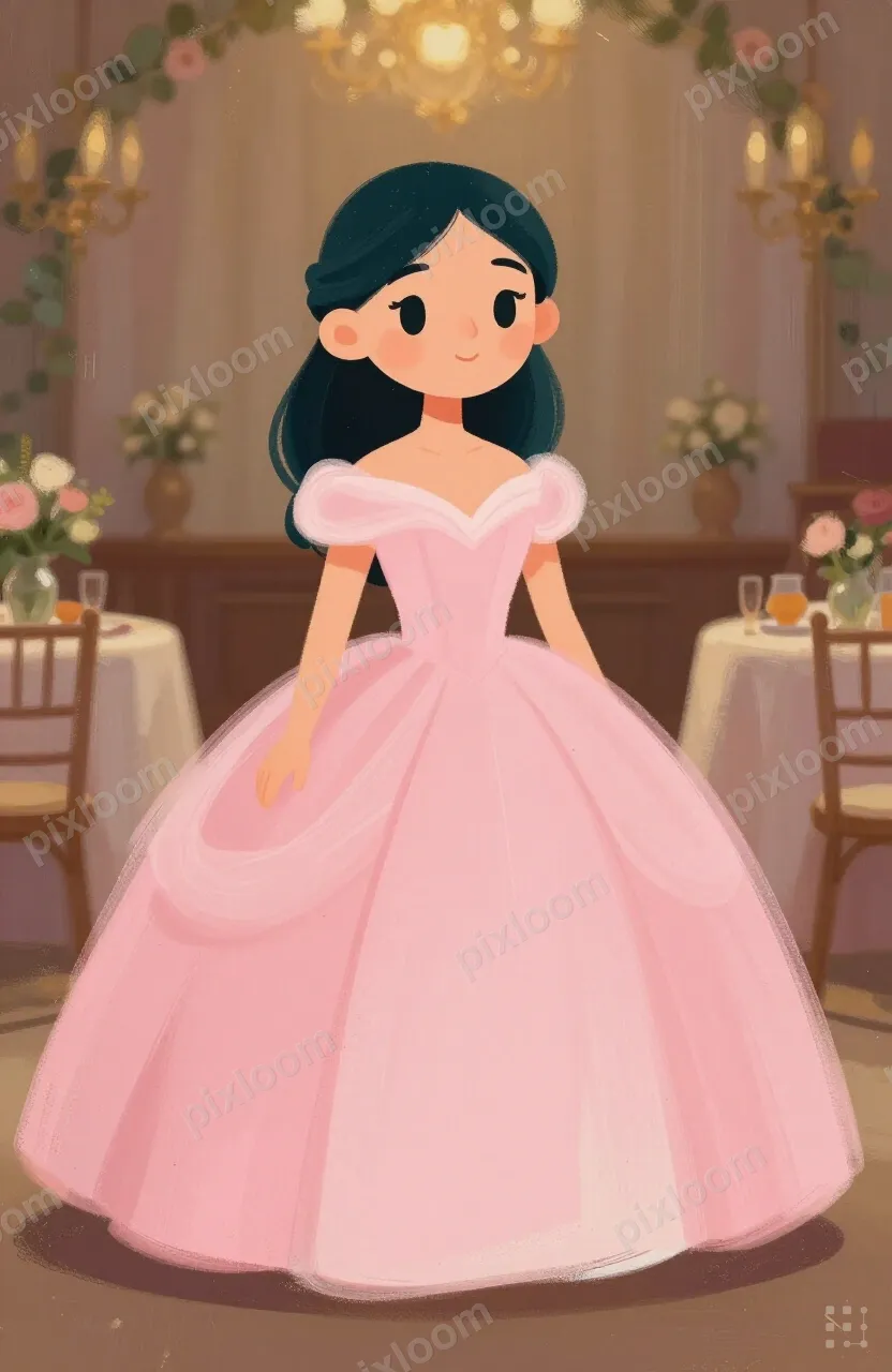 Quinceanera celebration, girl in flowing pink dress, decorat