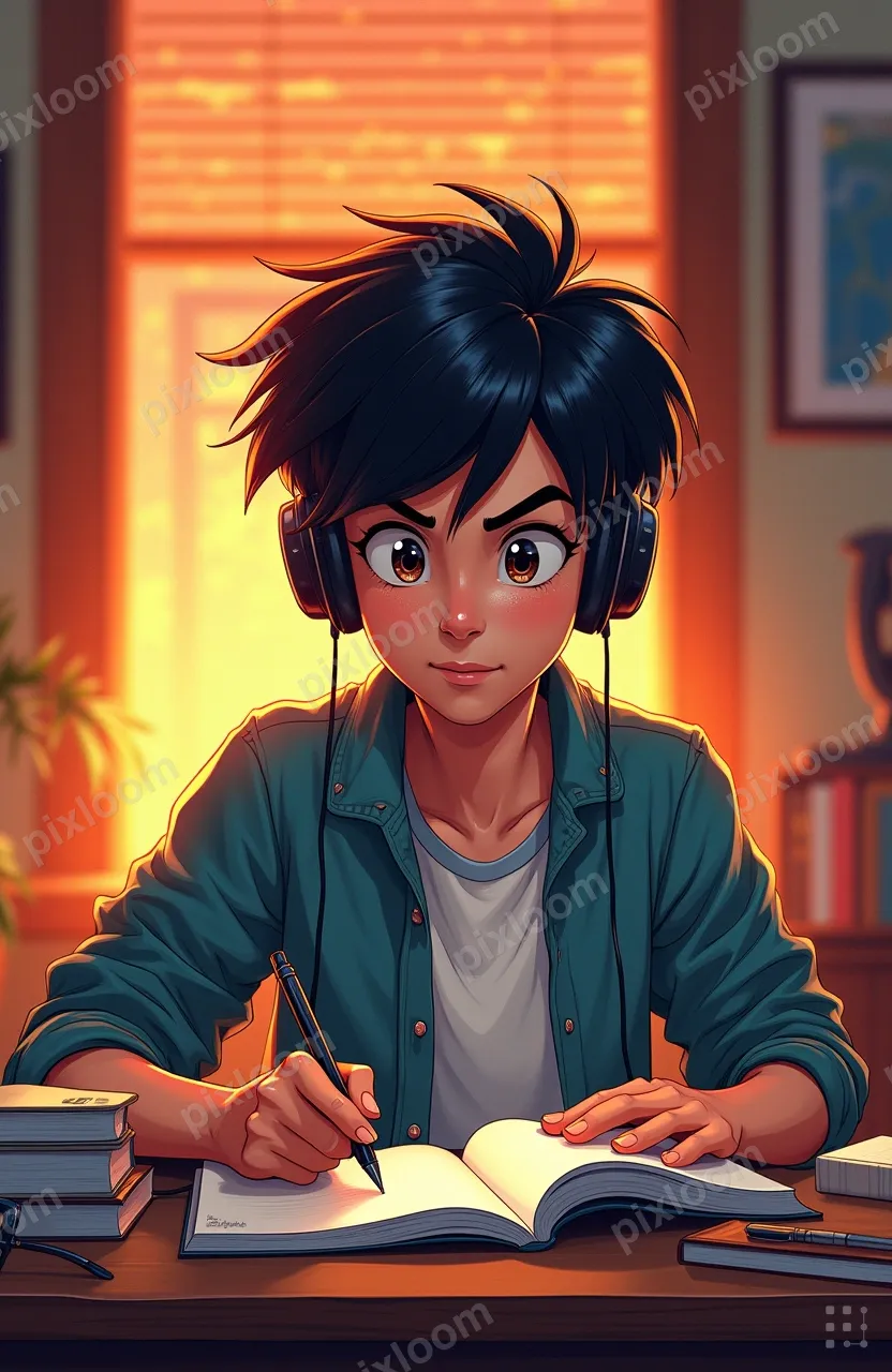 Teenager doing homework at a desk, headphones on, notebook a