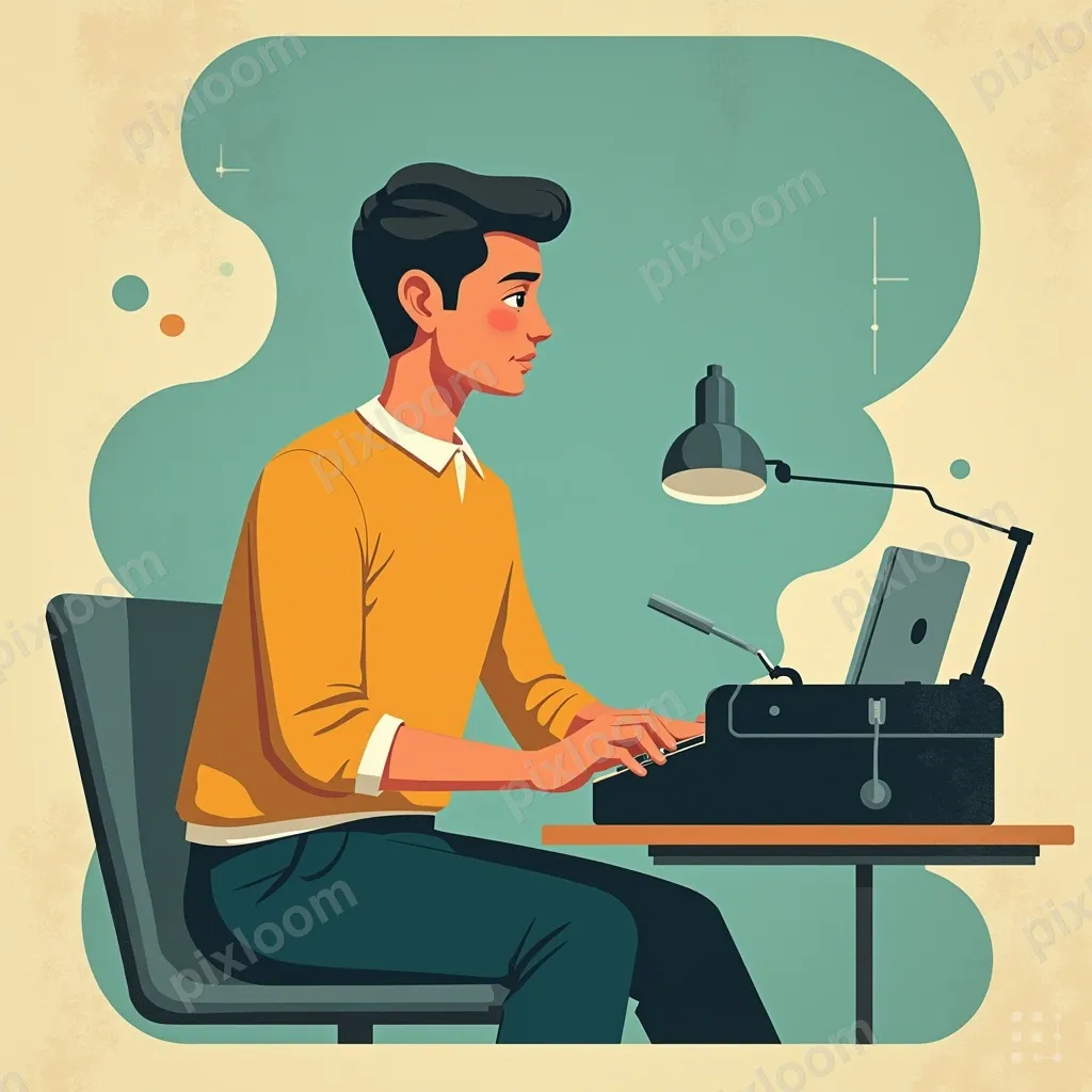 Retro editorial illustration of a person at a typewriter des