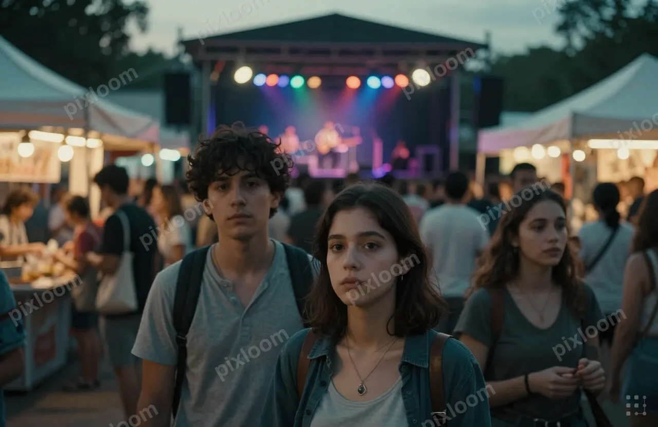 Street festival with food stalls, live music stage, diverse 