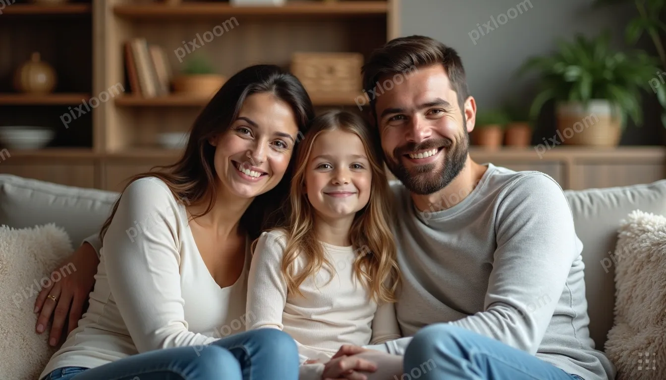 A mother, father, and daughter sit close together on a sofa 