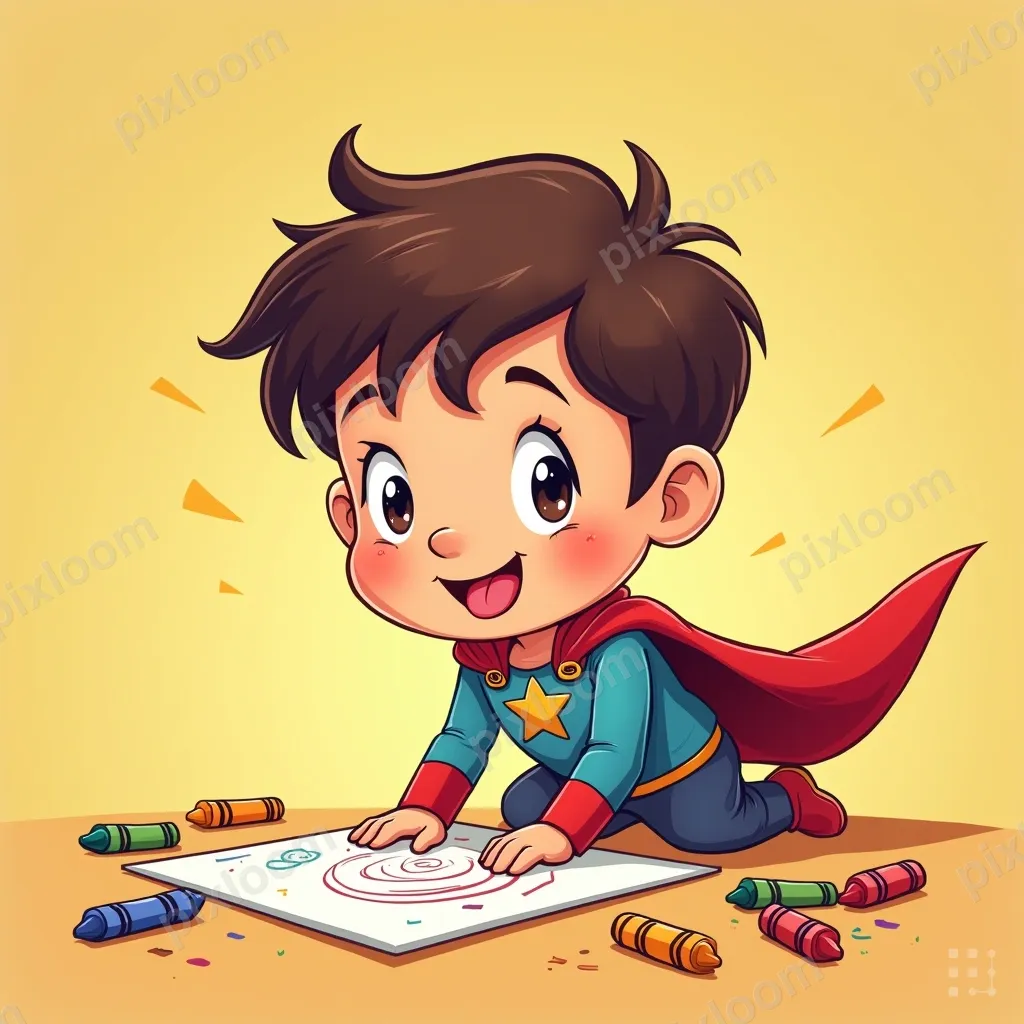 Kid drawing with crayons on the floor, tongue sticking out i