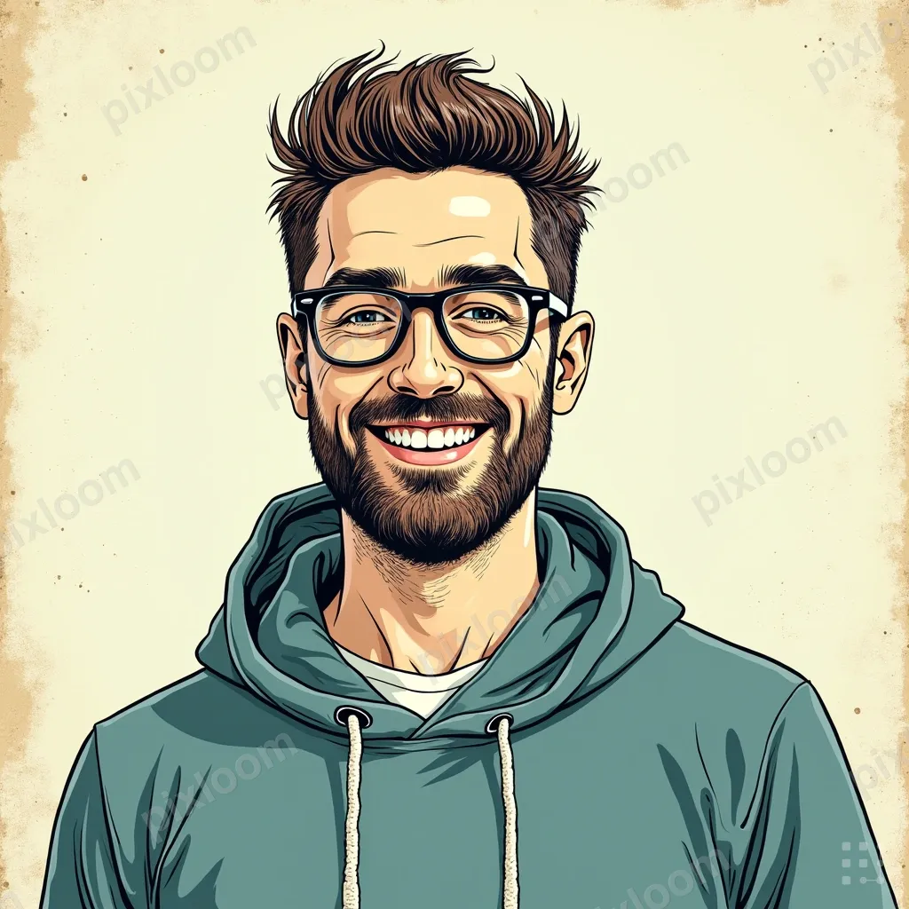 A smiling man in a hoodie with drawstrings, wearing glasses
