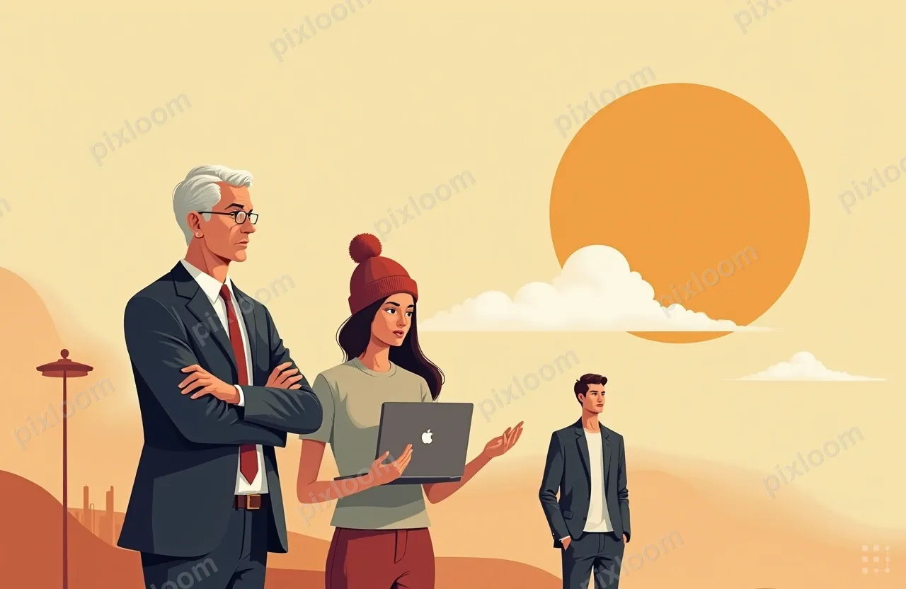 An older man in a suit stands with arms crossed, a stern exp