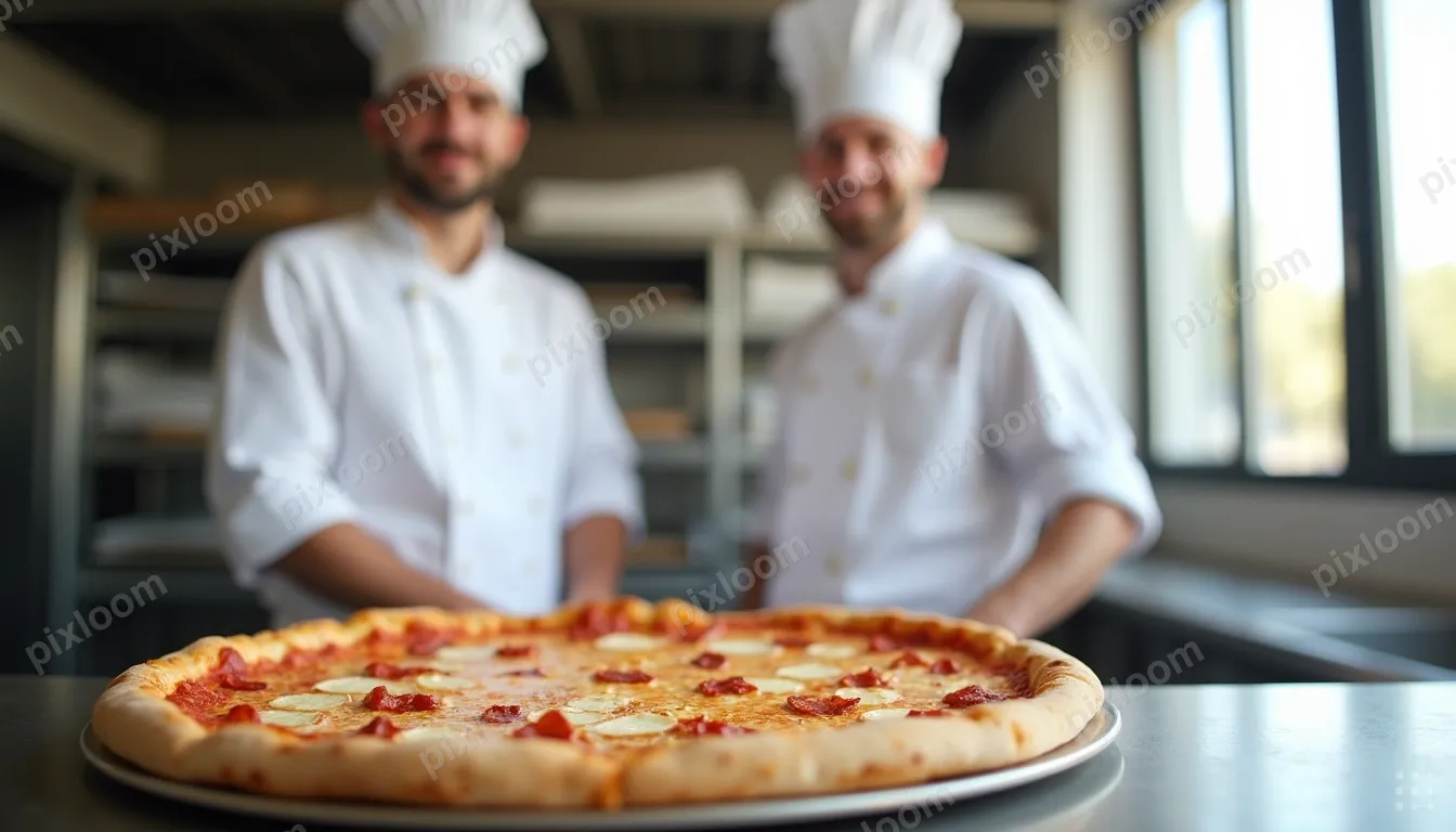 Two pizza chefs in white shirts and caps work in a busy kitc