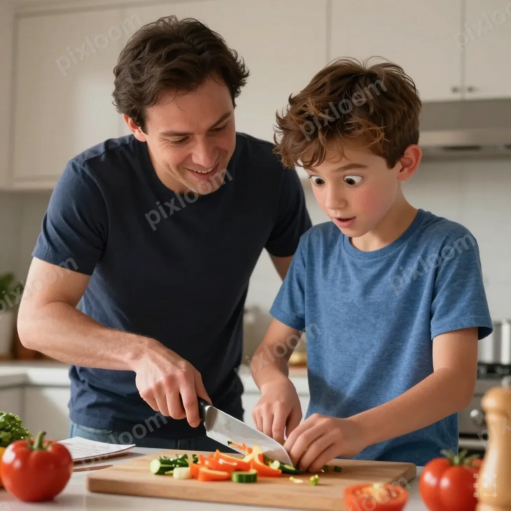 Parent teaching teen to cook a meal, chopping vegetables tog