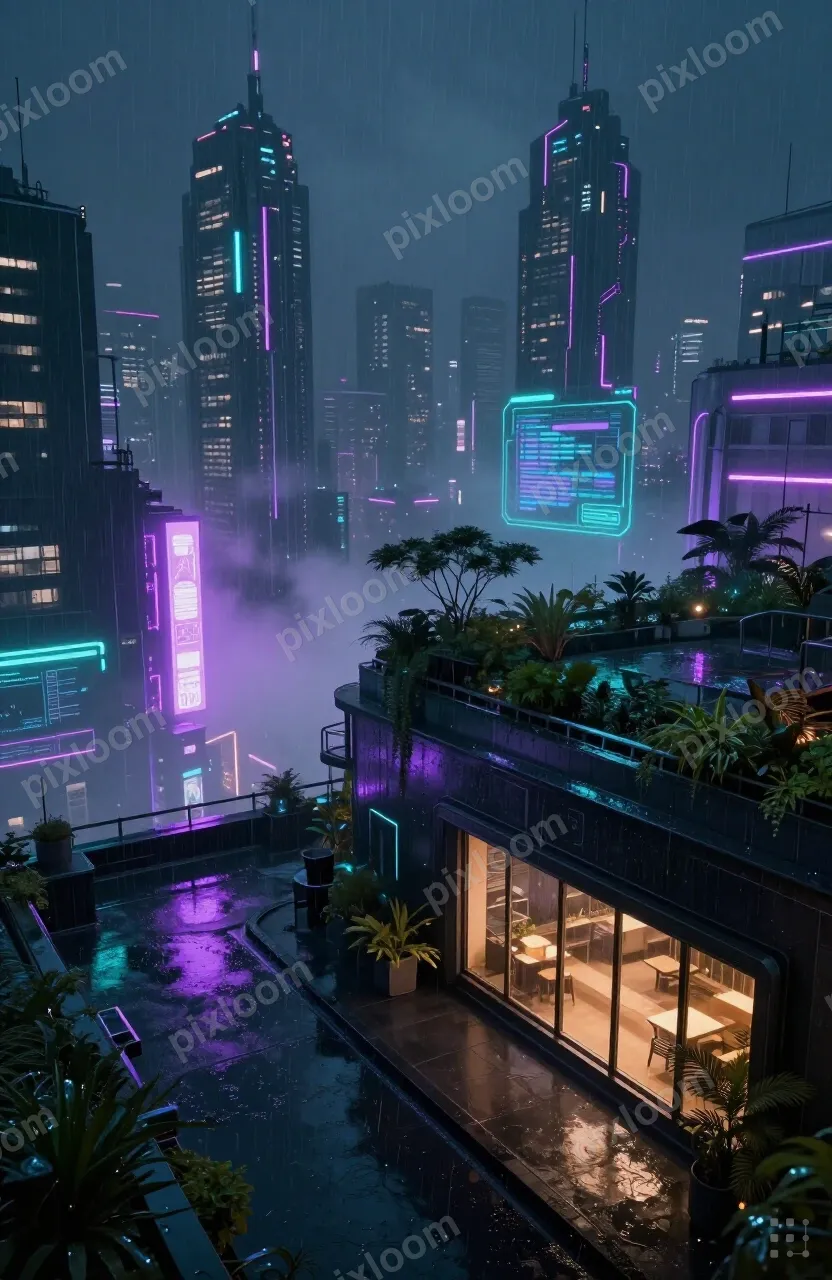 Cyberpunk rooftop garden above neon cityscape, nature meets 
