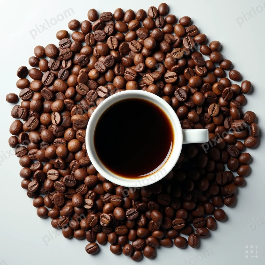Overhead view of a cup of coffee centered among a dense fiel