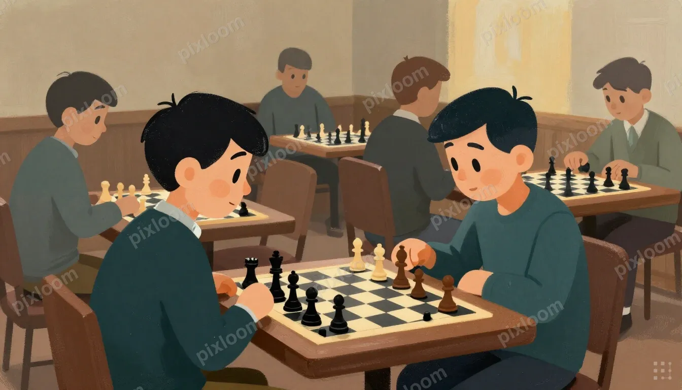 chess tournament in a quiet hall, focused players