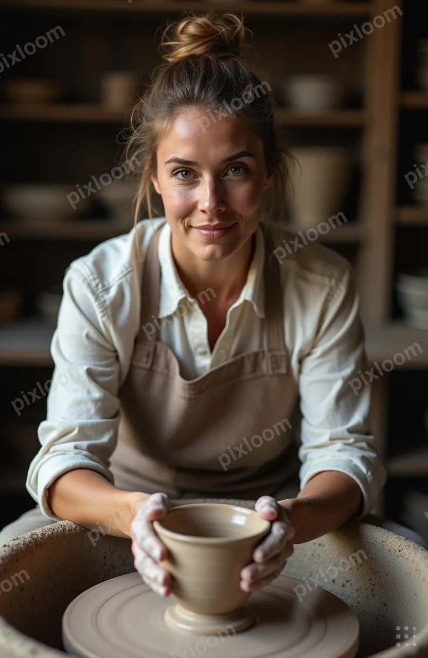 Potter shaping clay on a wheel, hands covered in slip, focus