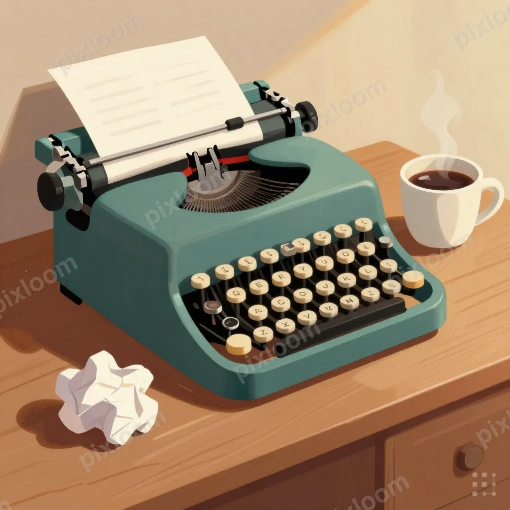 Vintage typewriter on wooden desk with crumpled paper, steam
