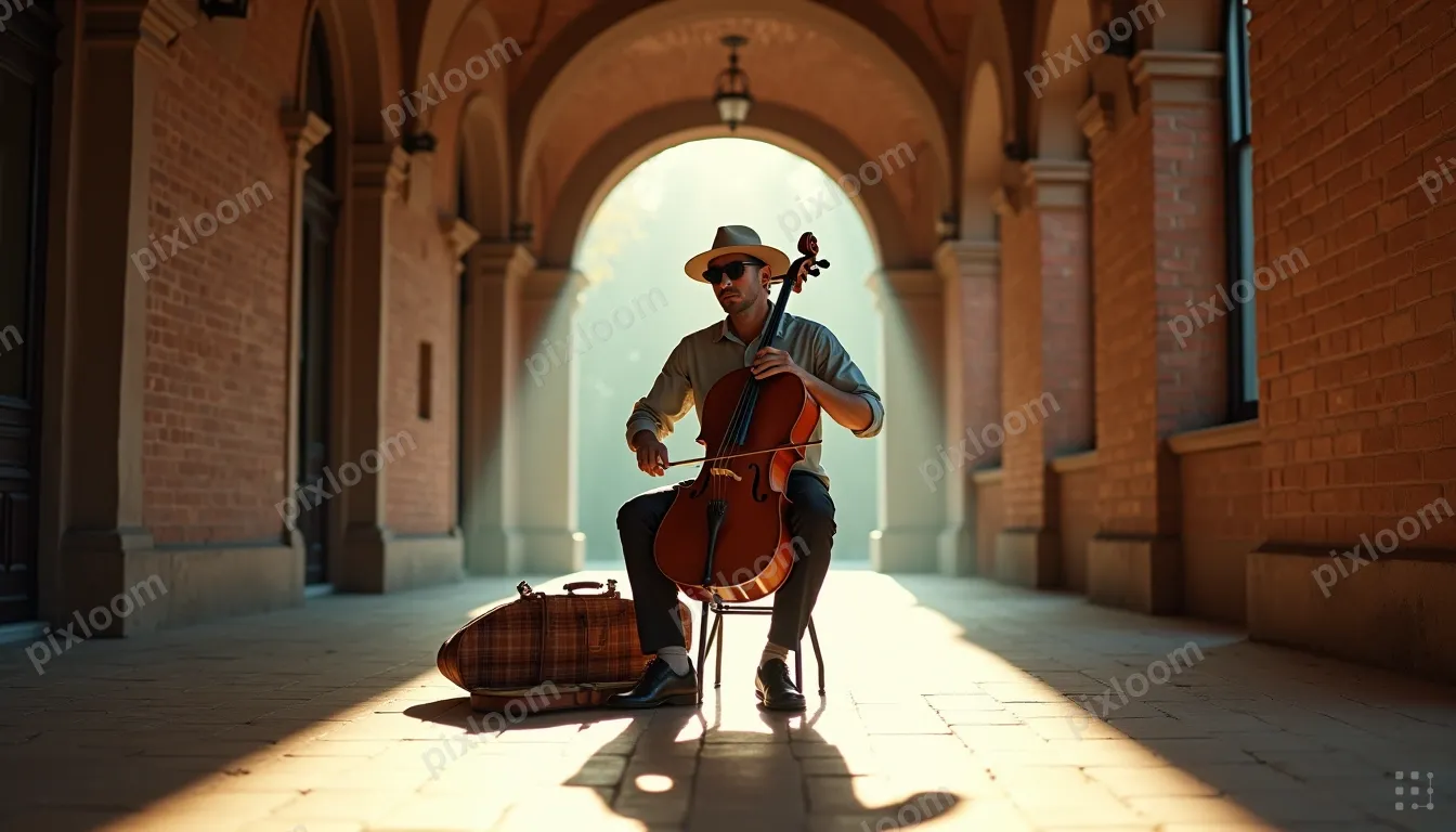 A man in a hat and sunglasses sits on a low stool in a sunli