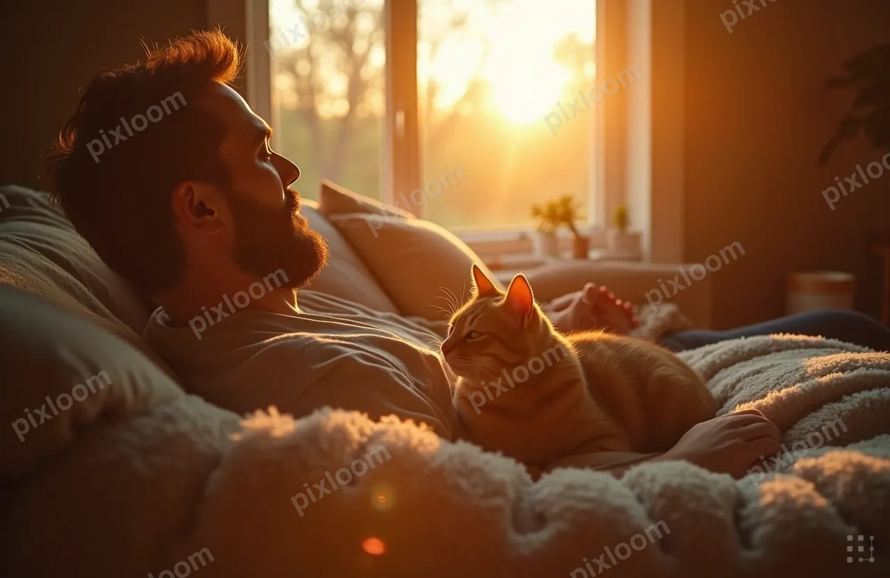 close up of hand and cat ofMan sits on a couch in a living r