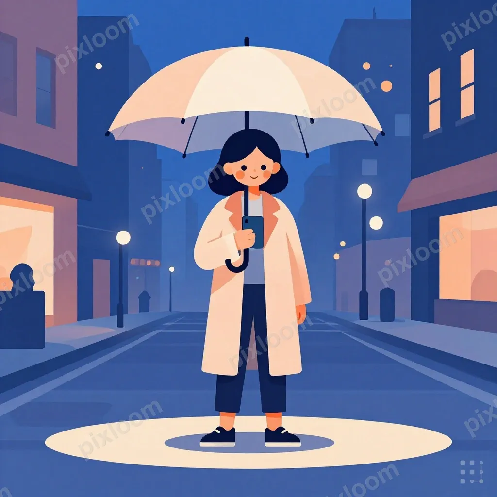 A woman stands alone on a city sidewalk at night beneath a l