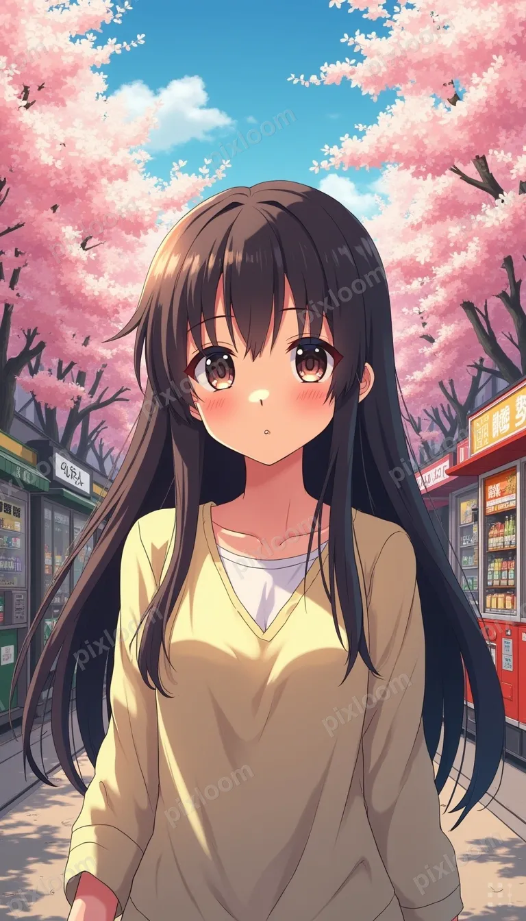 Anime-style Tokyo street scene with cherry blossoms, vending