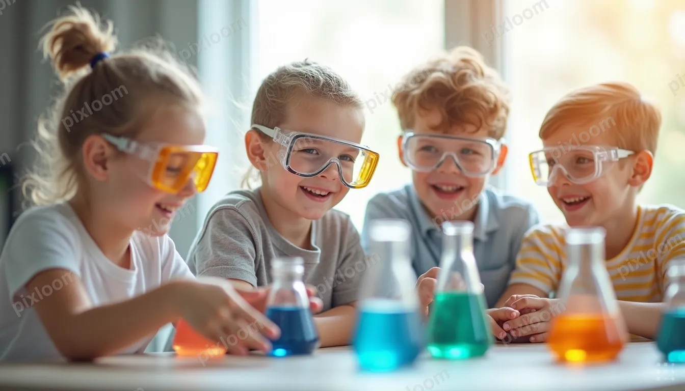 Kids in a science class doing an experiment, goggles, beaker