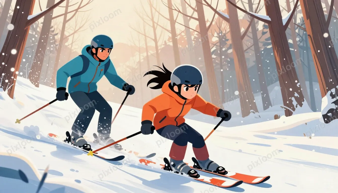 Rear view of a man and a boy skiing downhill through fresh p