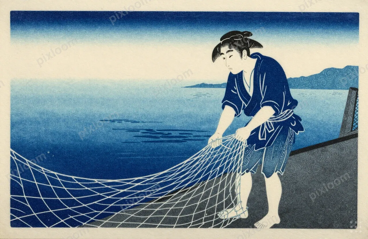 Woodblock print of a fisherman mending nets at a harbor, tra