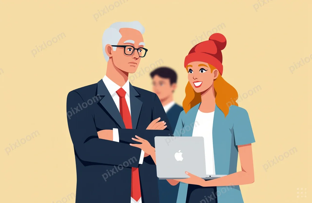 An older man in a suit stands with arms crossed, a stern exp