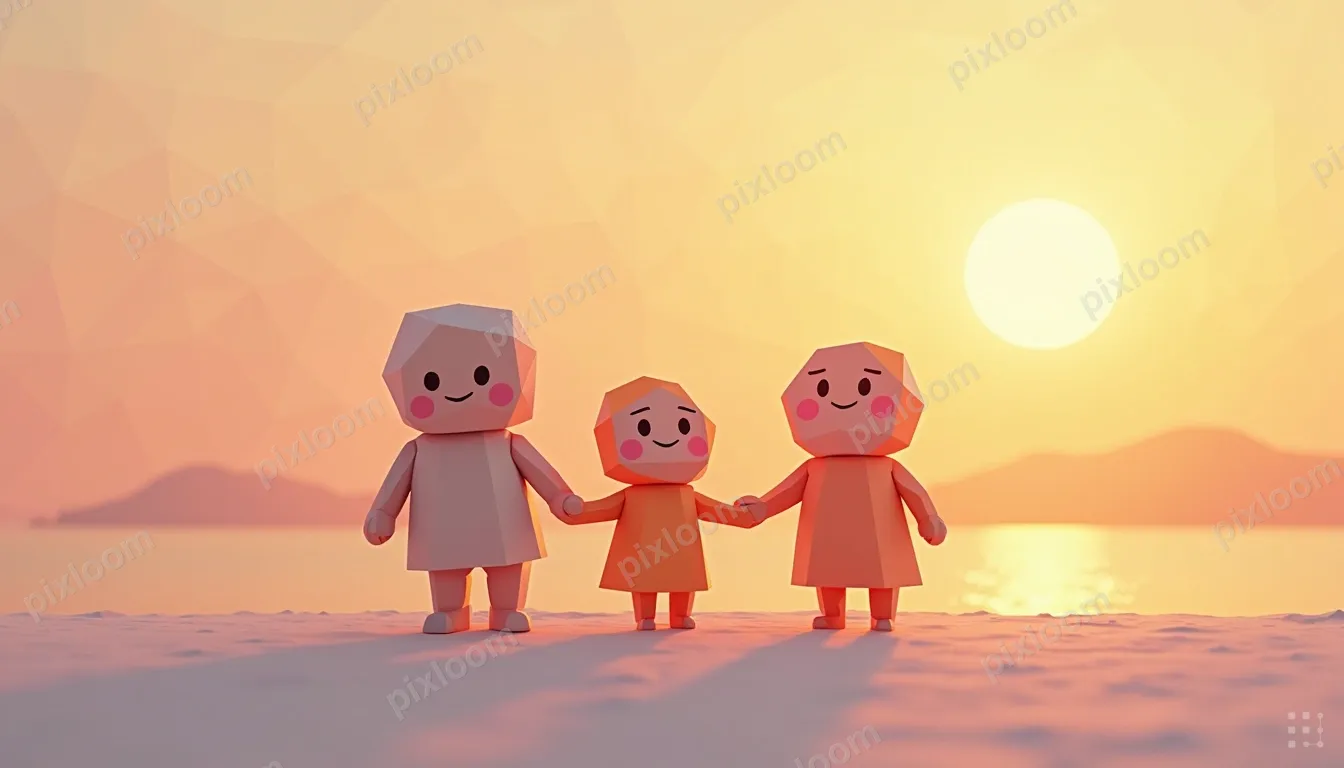 Low-poly geometric family walking hand in hand, faceted poly