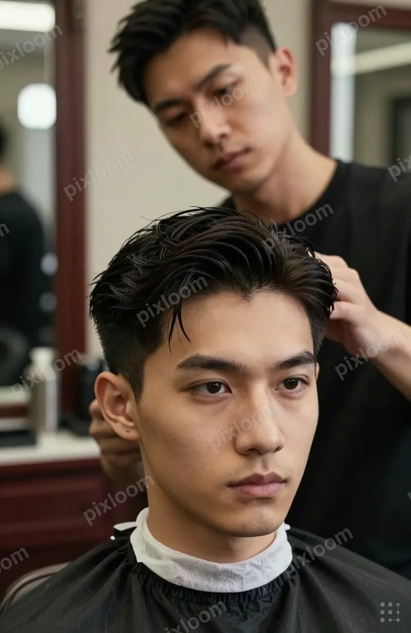Person getting a haircut at a barbershop, barber focused, mi