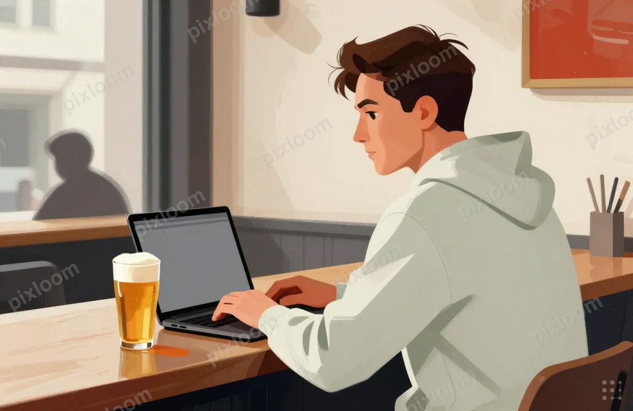 A man in a casual hoodie, seen from behind, seated at a café