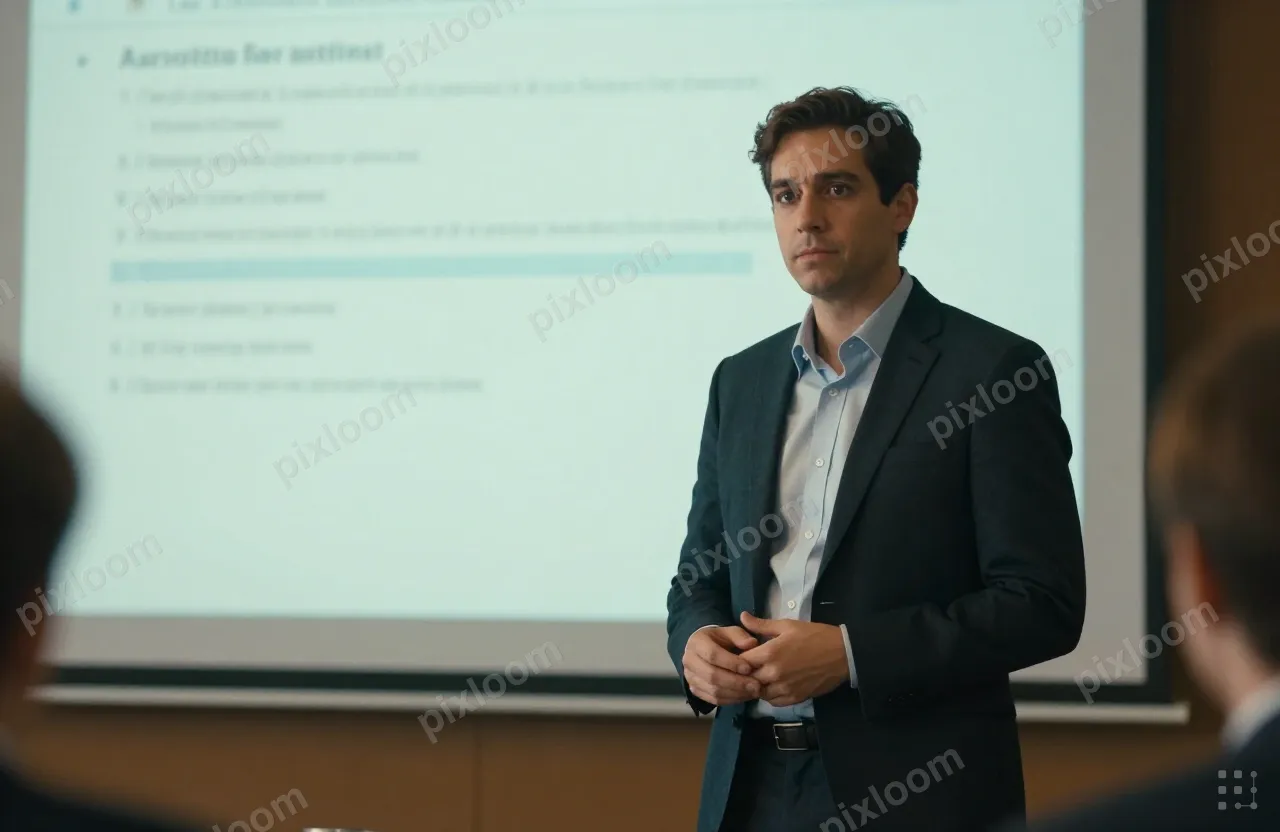 Entrepreneur presenting pitch deck to investors, conference 