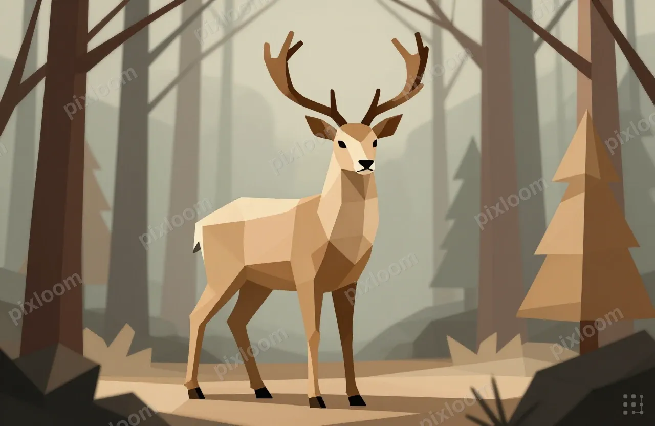 Low-poly deer standing in geometric forest, faceted surfaces
