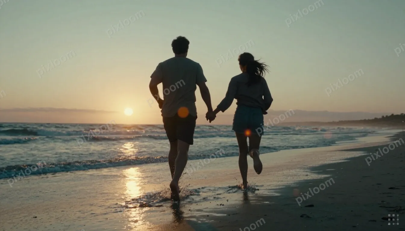 A man and a woman run hand-in-hand along a wet beach at suns
