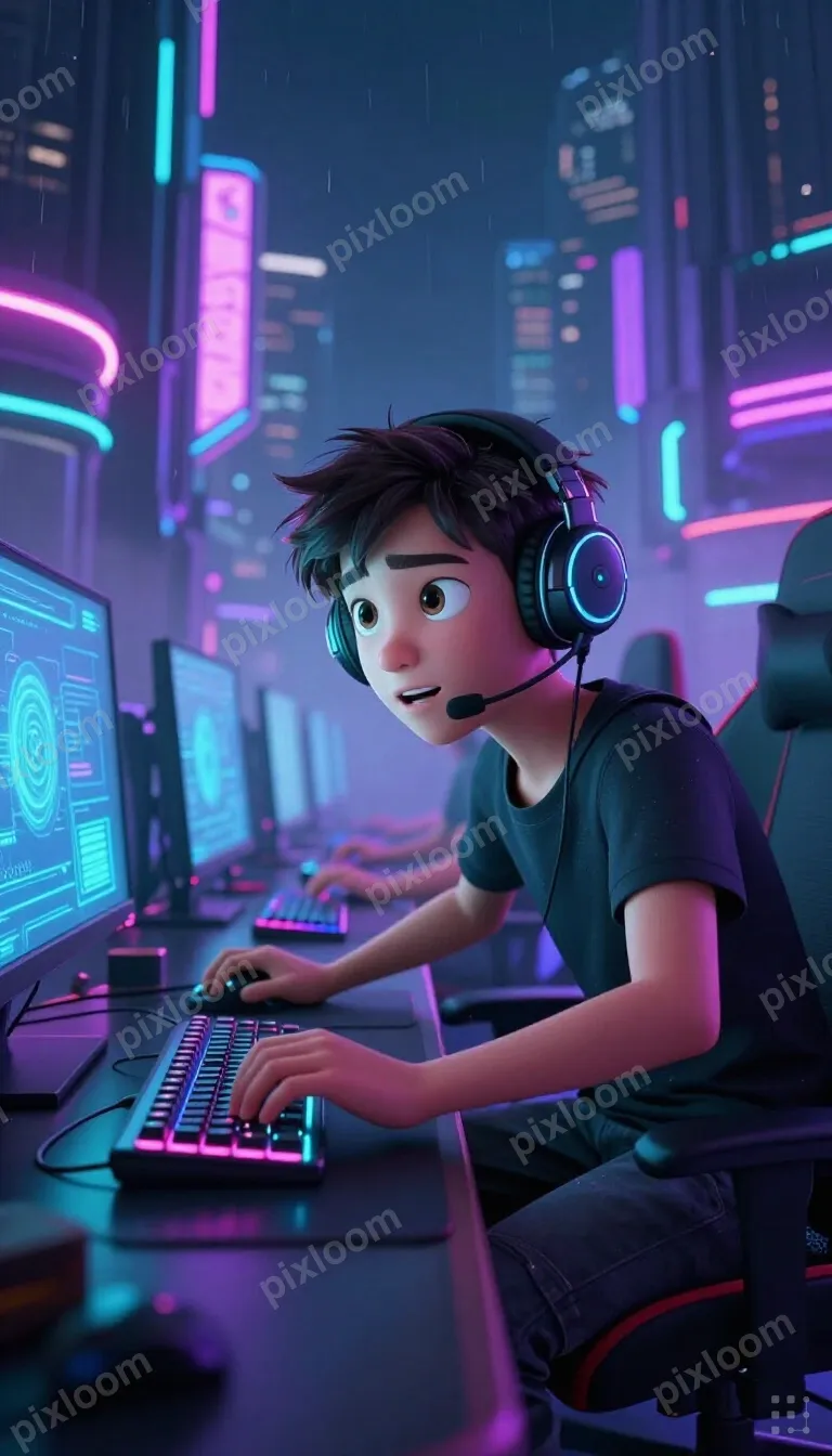 Teen gaming setup, headset on, focused on screen, colorful k