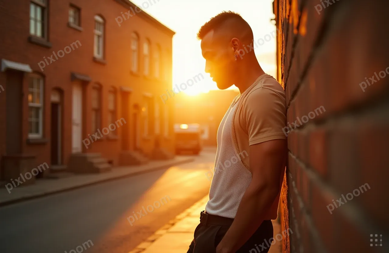 An urban street scene with a man leaning against a brick wal
