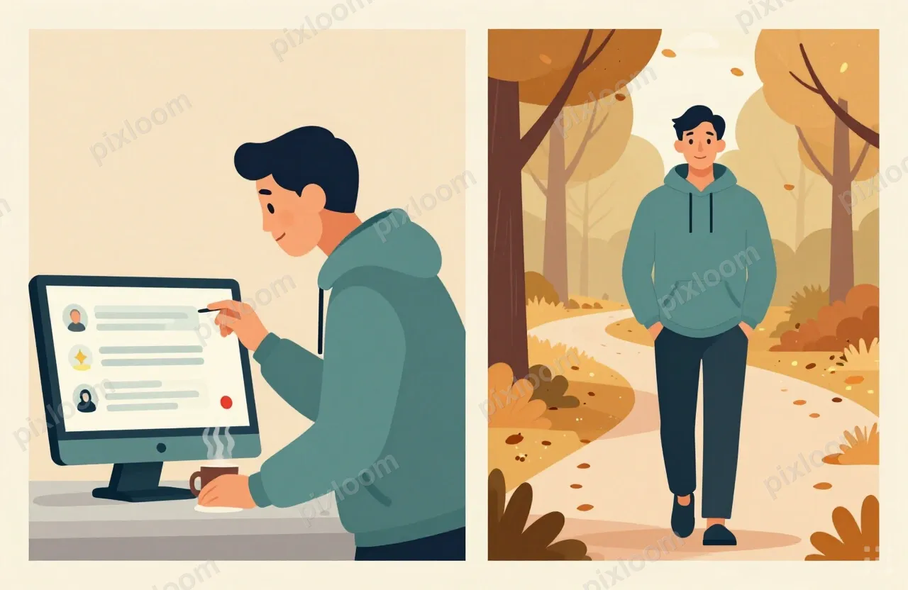 Two-panel split illustration, side by side, divided by a thi