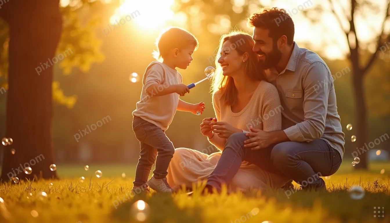 In a sunlit park at eye level, a father with a beard and a m