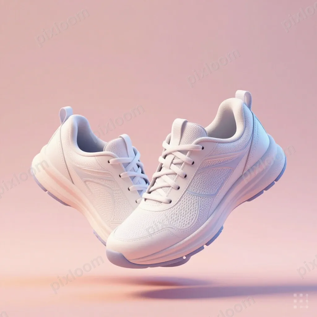 pair of white running shoes floating against a pastel backdr