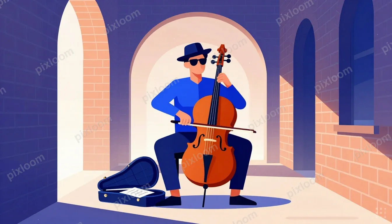 A man in a hat and sunglasses sits on a low stool in a sunli