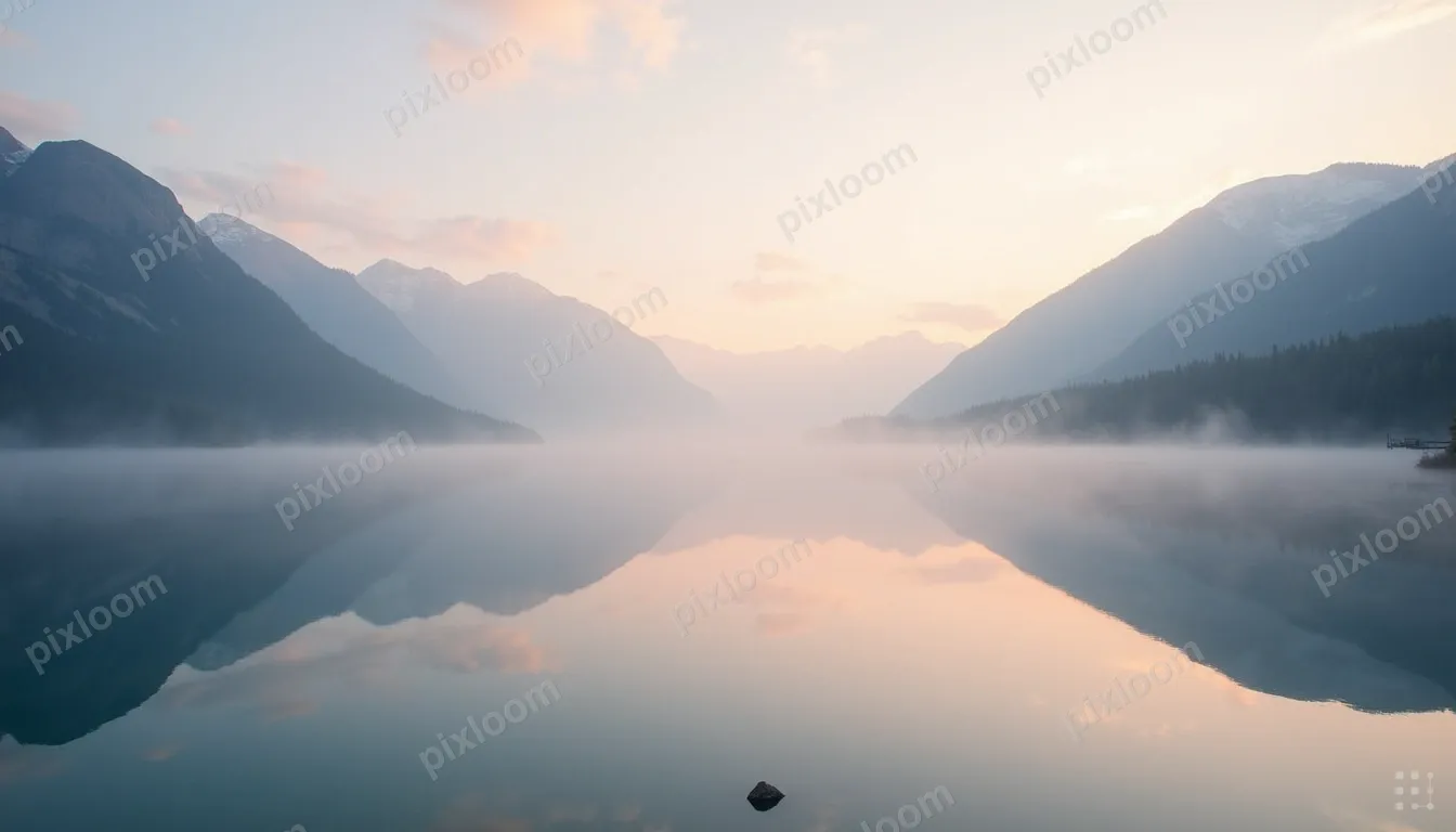 Misty lake at dawn with perfect reflection of surrounding mo