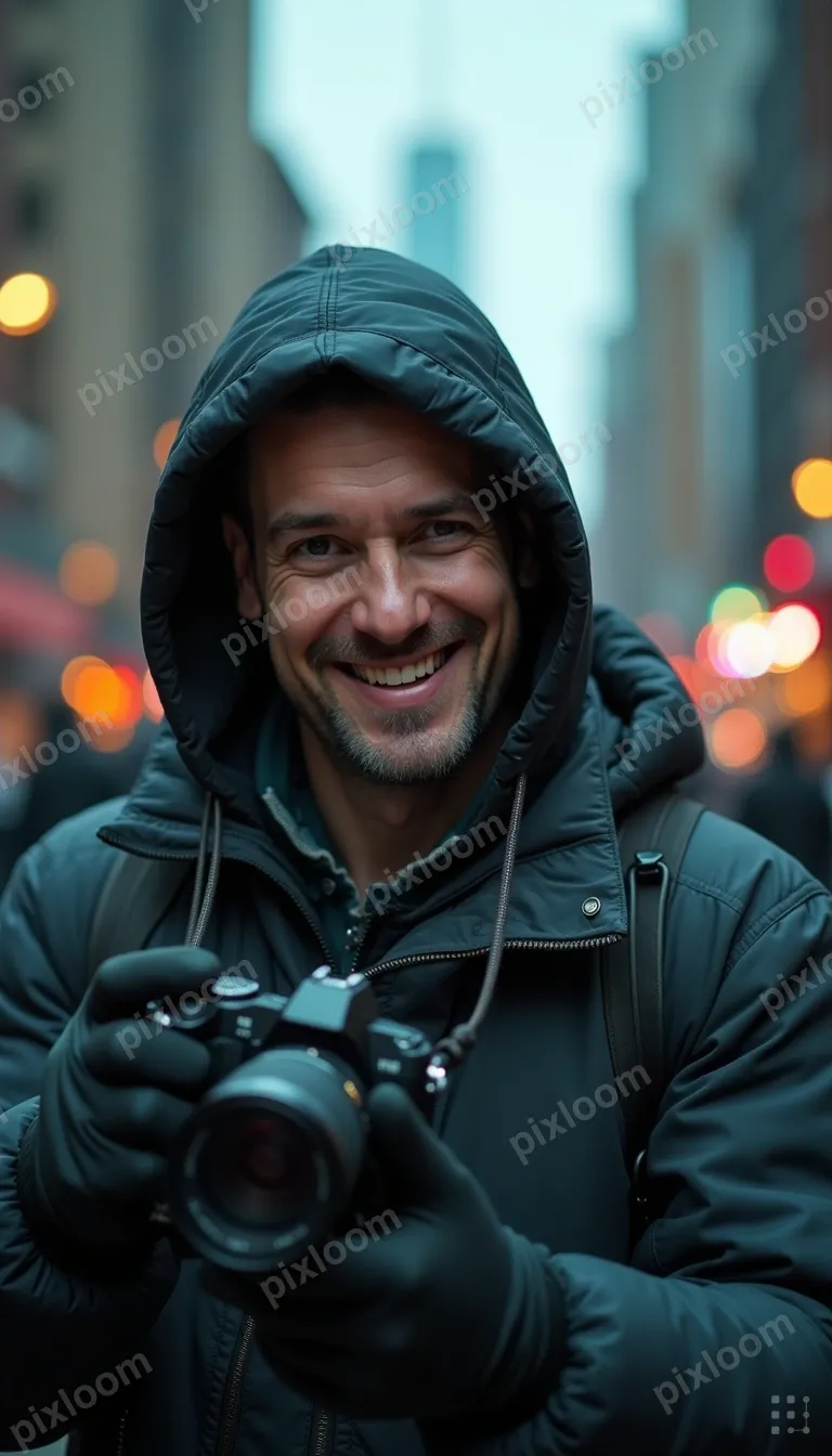 A man in a heavy hooded jacket and gloves holds a camera to 