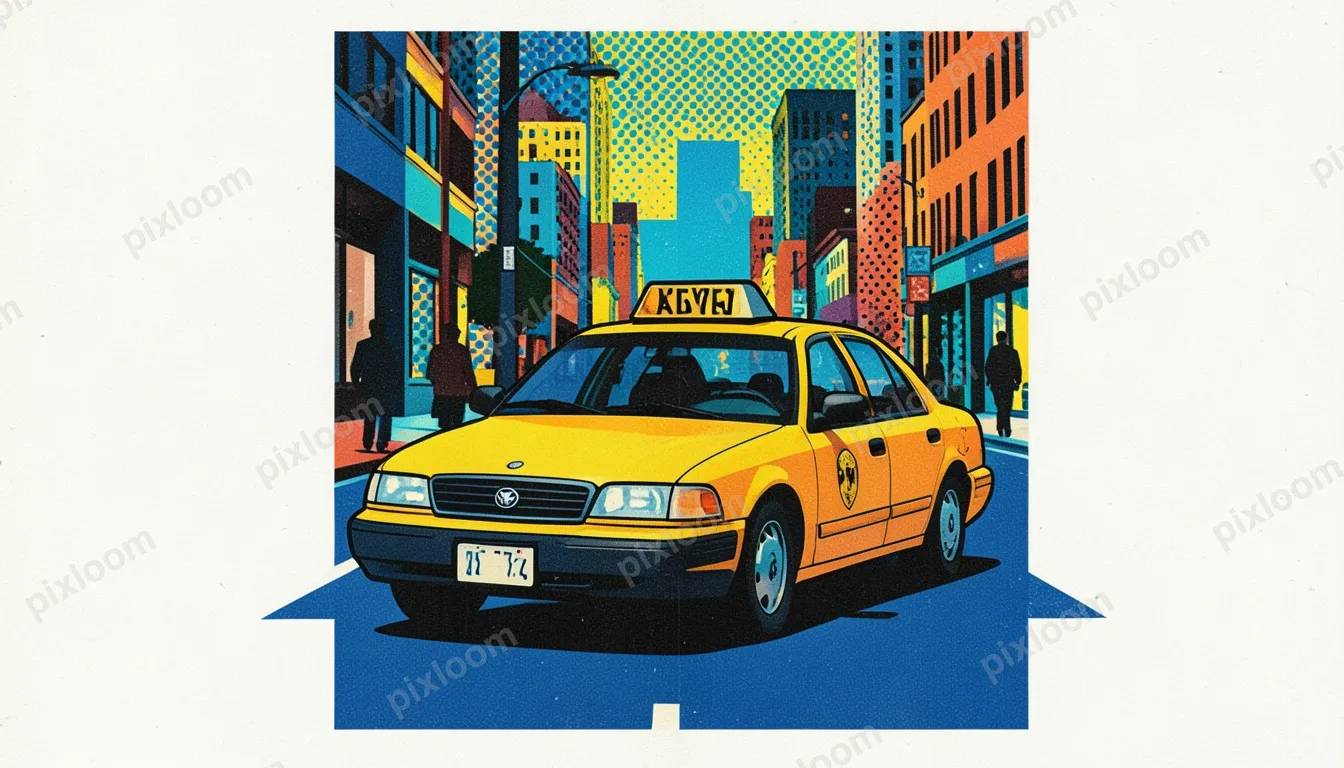 Pop art New York City taxi cab on bold colored avenue, thick