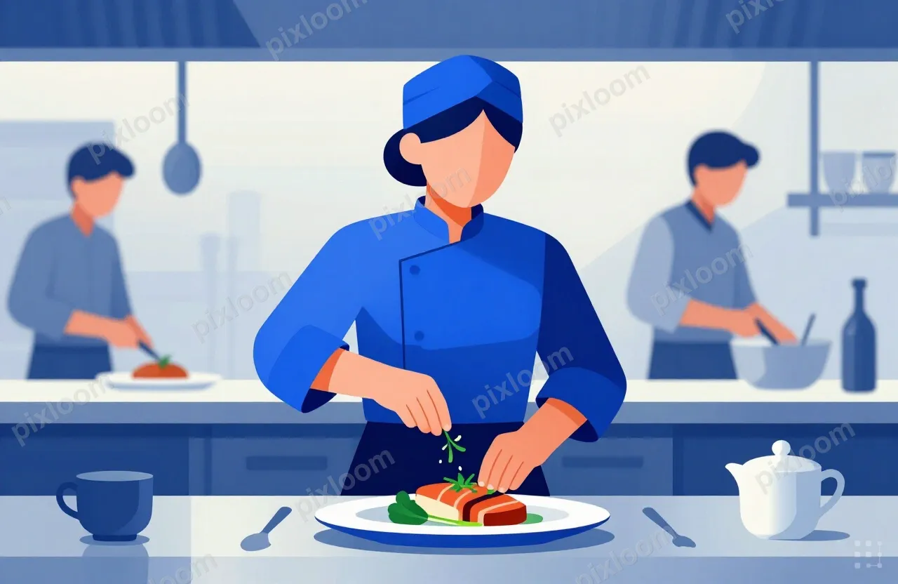 A female chef in a chef's jacket and a head wrap garnishes a