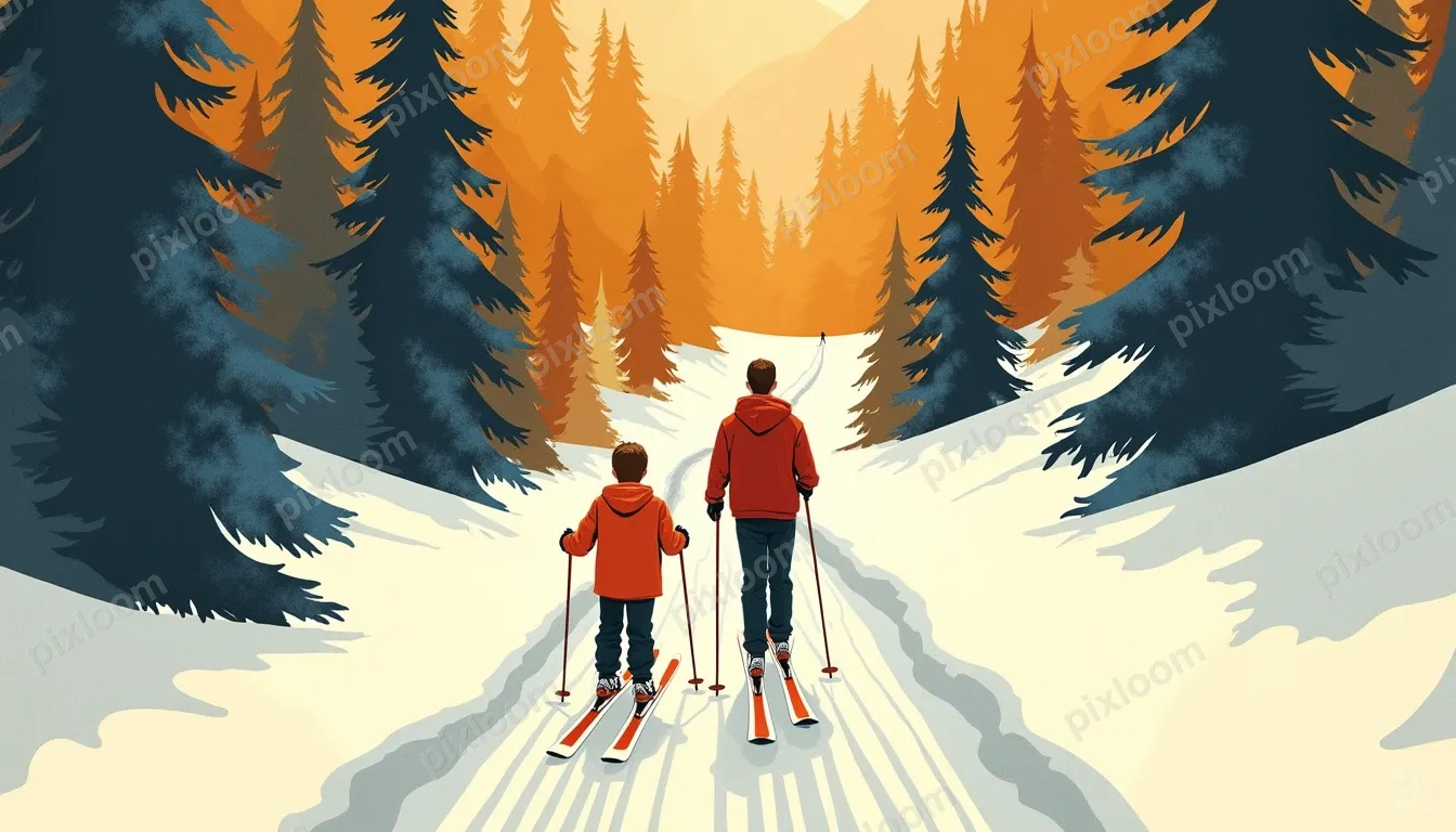 Rear view, wide shot of a man and a boy skiing down a snow-c