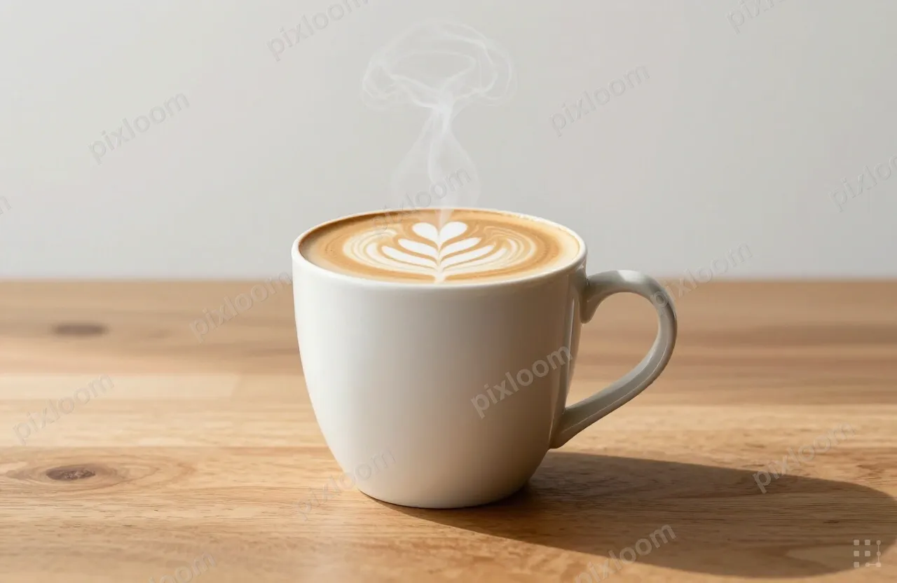 A ceramic mug of hot latte sits on a wooden table, latte art