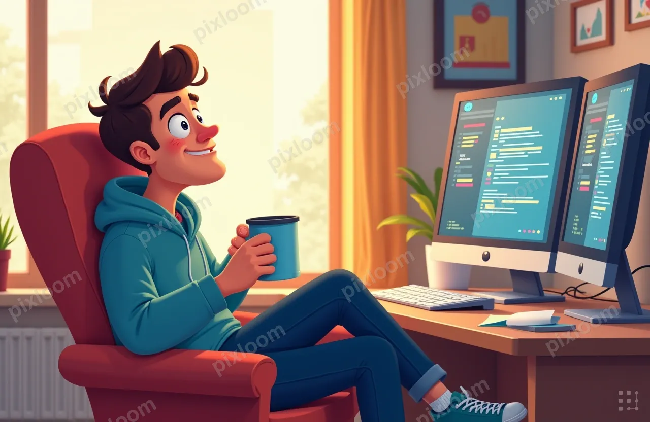 A relaxed engineer in a hoodie leaning back in a chair, coff