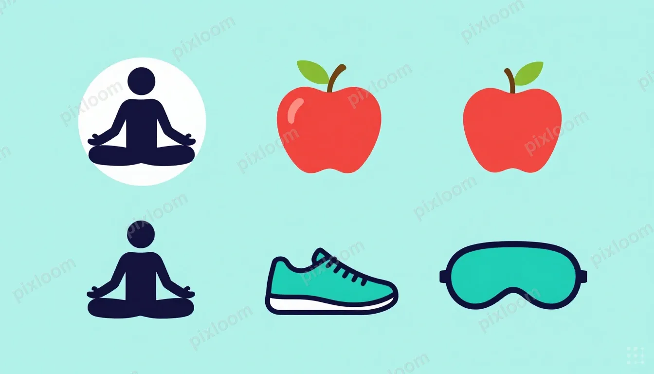 Flat icon set — yoga pose, meditation, apple, running shoe, 