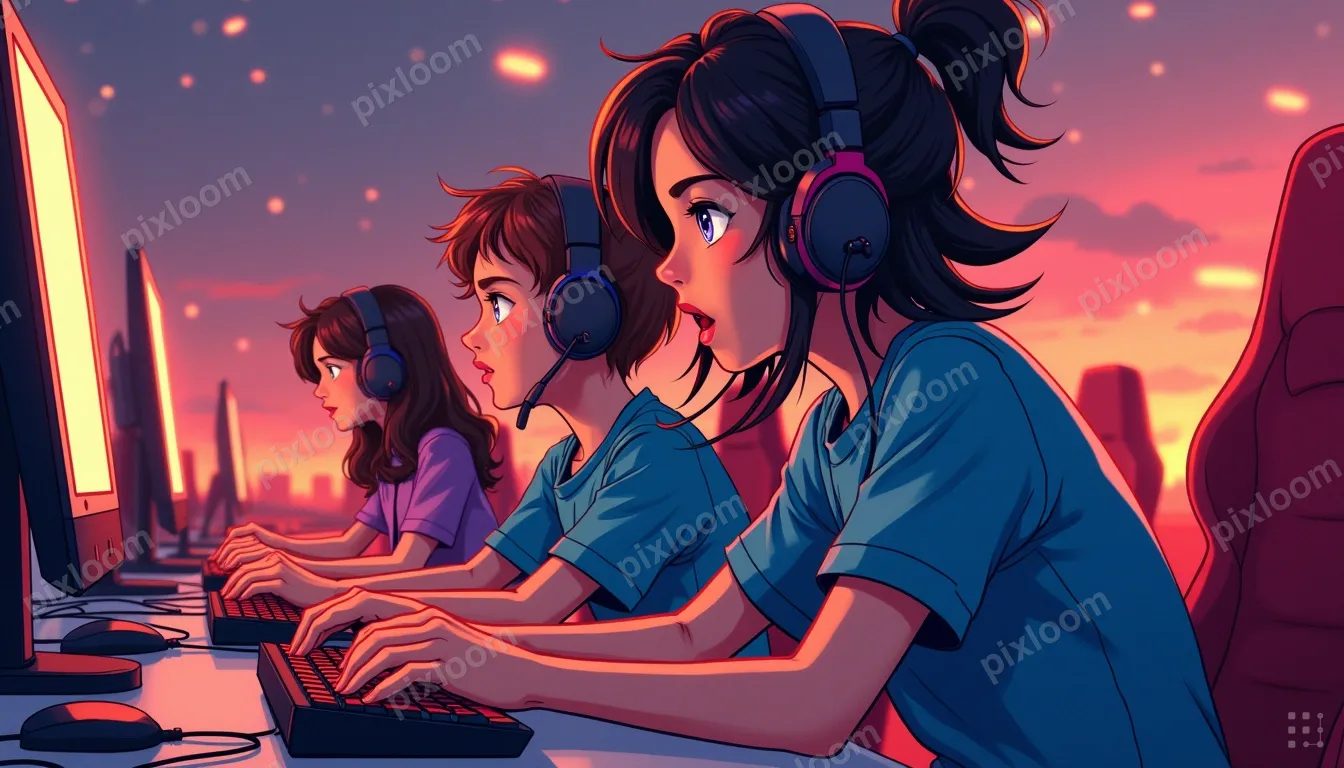Comic-teens style esports tournament scene, team at computer