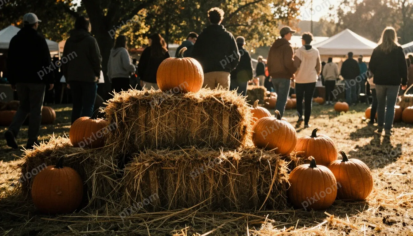 autumn harvest festival with hay bales and pumpkins